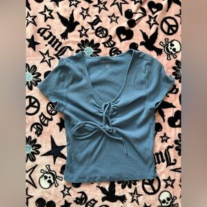 Blue Ribbed Tie-Front Top